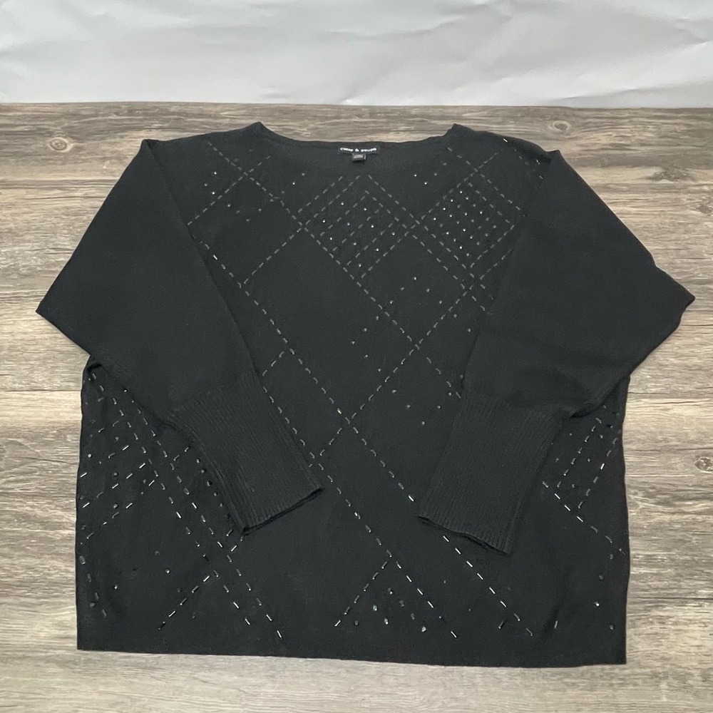 Cable & Gauge Black Beaded Diamond Studded Boat Neck Sweater Large
